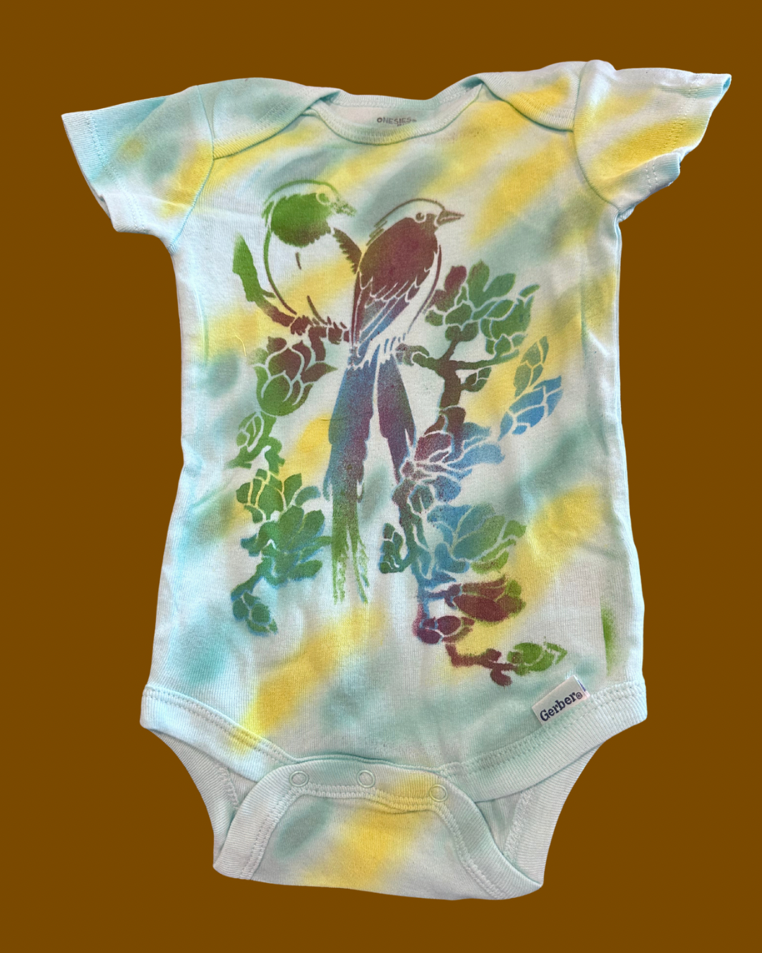 beautiful bird and flower splat color onesie set. (Hand painted)