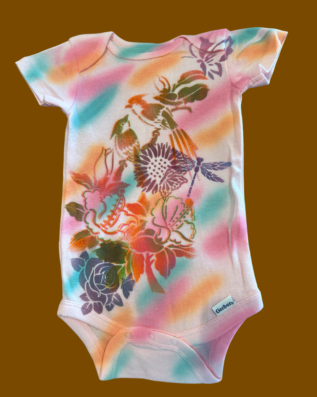 beautiful bird and flower splat color onesie set. (Hand painted)
