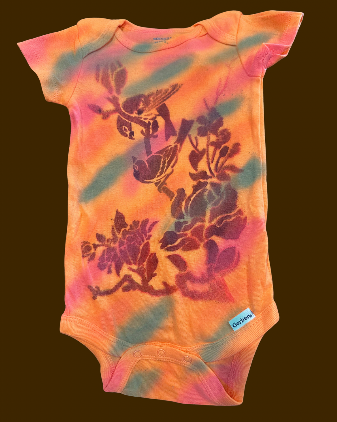 beautiful bird and flower splat color onesie set. (Hand painted)