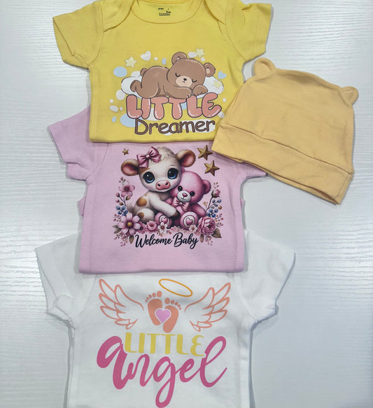 Baby Girl onesie set of 3 with teddy bear hat/ 0-3 Months