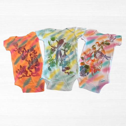 beautiful bird and flower splat color onesie set. (Hand painted)
