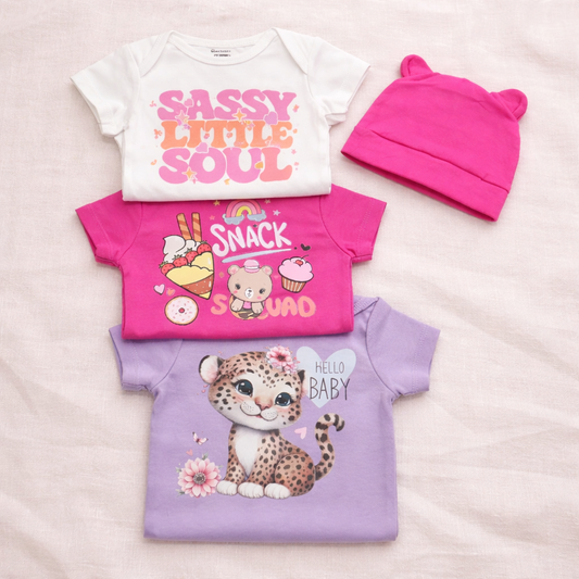 Baby girl onesie set of 3 with teddy bear hat/ 0-3 Months