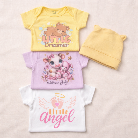 Baby Girl onesie set of 3 with teddy bear hat/ 0-3 Months